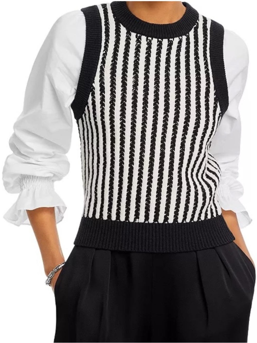 French Connection Black and Cream Striped Sweater Vest Size 10
